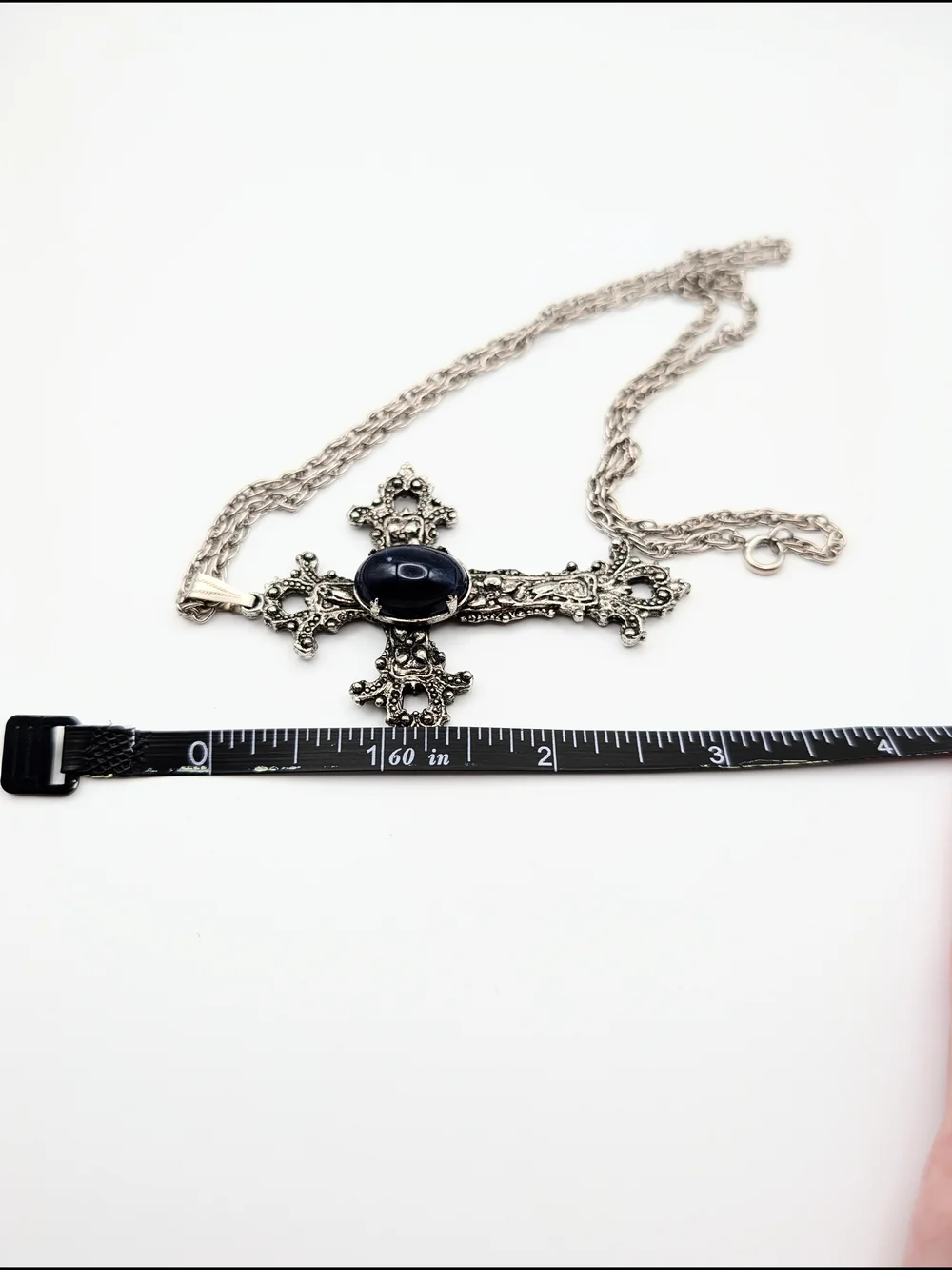 Vintage Navy Stone Silver Cross Pendant Necklace